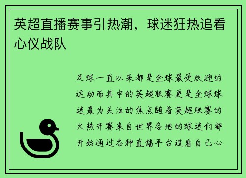 英超直播赛事引热潮，球迷狂热追看心仪战队